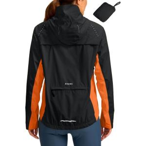 image:imageBikewa Womens Cycling Rain Jackets Waterproof Windbreaker Lightweight Running Windproof Reflective Jacket Packable HoodedBlackOrange