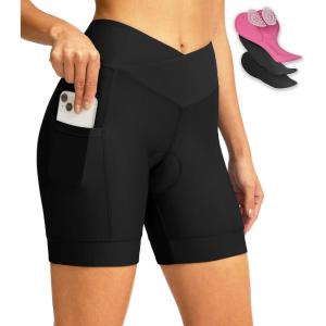 image:imageWomens Bike Shorts 4D Padded Cycling Shorts Crossover Waist Biking Shorts with Pockets Bicycle RidingBlack
