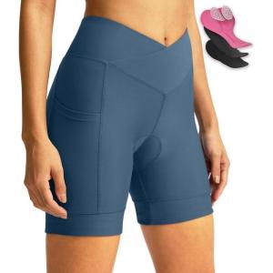 image:imageWomens Bike Shorts 4D Padded Cycling Shorts Crossover Waist Biking Shorts with Pockets Bicycle RidingBlue Grey
