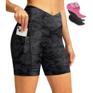 image:imageWomens Bike Shorts 4D Padded Cycling Shorts Crossover Waist Biking Shorts with Pockets Bicycle RidingCamo Black