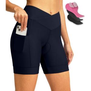 image:imageWomens Bike Shorts 4D Padded Cycling Shorts Crossover Waist Biking Shorts with Pockets Bicycle RidingNavy