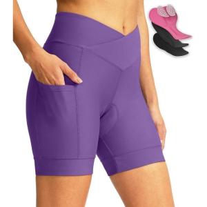 image:imageWomens Bike Shorts 4D Padded Cycling Shorts Crossover Waist Biking Shorts with Pockets Bicycle RidingPurple